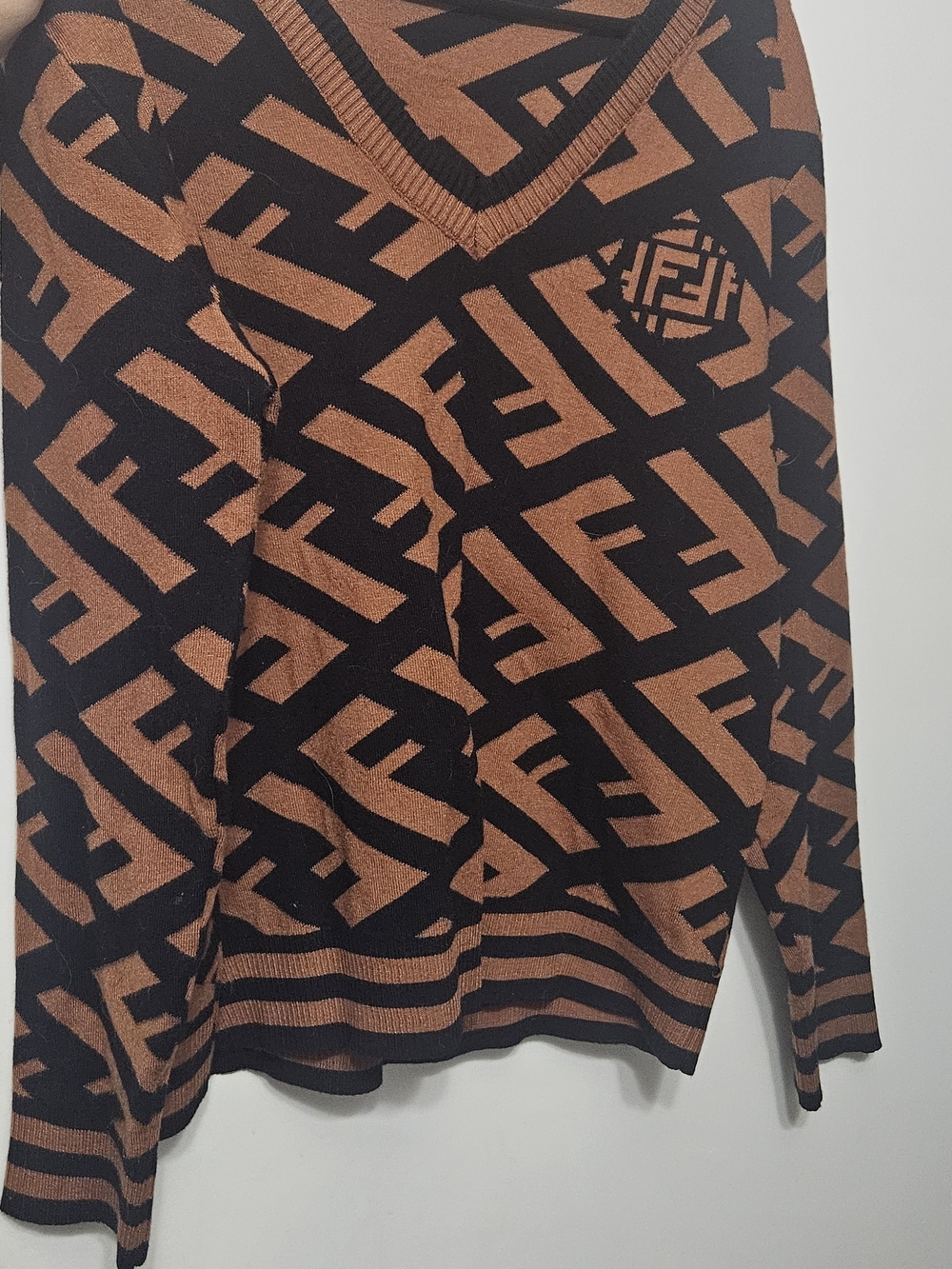 Men's V-Neck Geometric Sweater in Brown and Black - Luxury Monogram Style